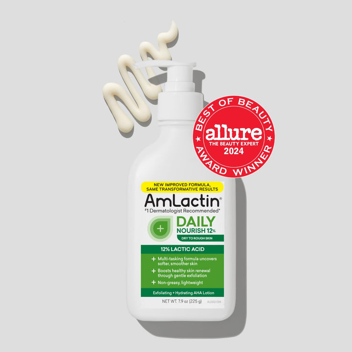 AmLactin Daily Moisturizing Lotion for Dry Skin – 7.9 oz Pump Bottle – 2-in-1 Exfoliator - Body Lotion with 12% Lactic Acid, Dermatologist-Recommended (Packaging May Vary)