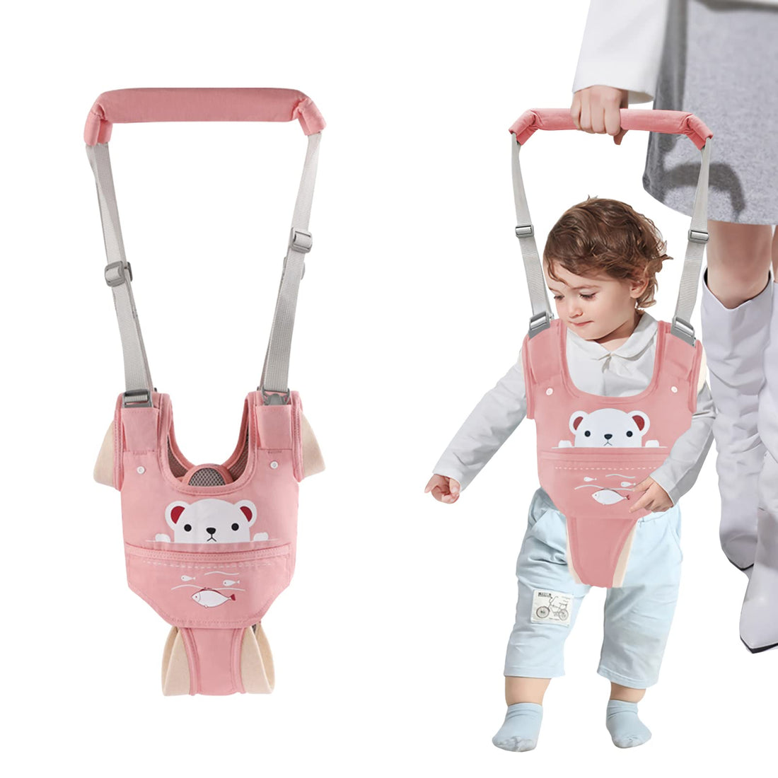 Huifen Baby Walking Harness, Handheld Kids Walker Helper with Detachable Crotch Adjustable Walker Harness Assistant Belt Baby Learning Walk Toddler Infant Walker 9-24 Months (Pink)