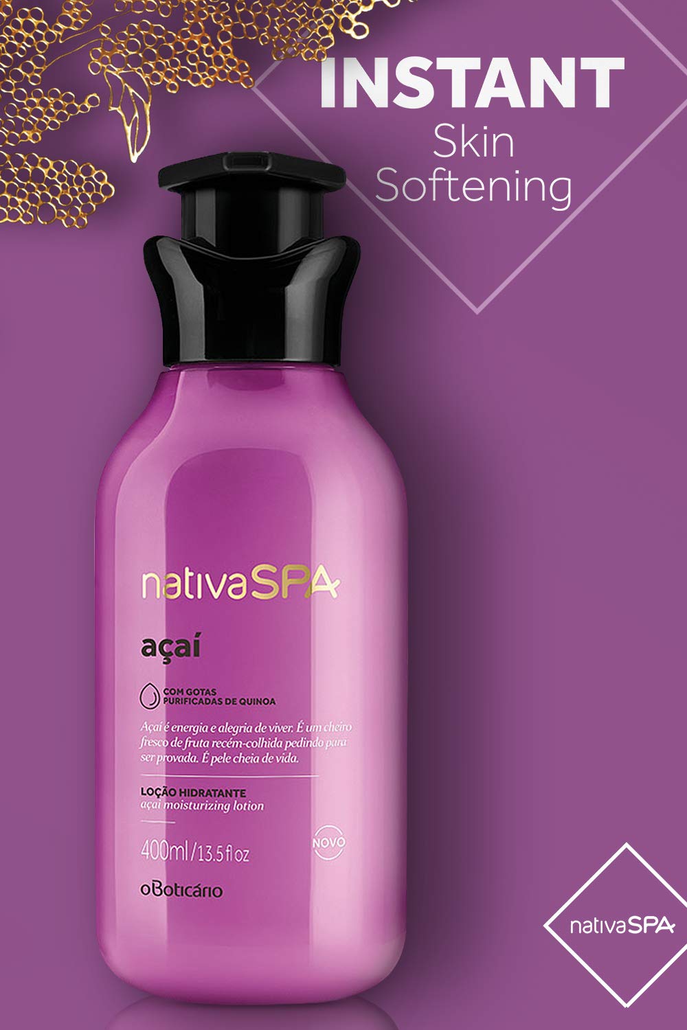 Nativa Spa Acai Body Lotion by O Boticario | 30 Hours Of Hydration | LoÃƒ§Ãƒ£o Hidratante | Fragranced Skin Moisturizer with Purified Quinoa Drops (13.5 fl oz)