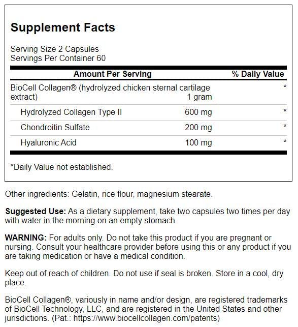 Swanson Skin and Joint BioCell Collagen - Collagen Type II 500mg 200 Capsules