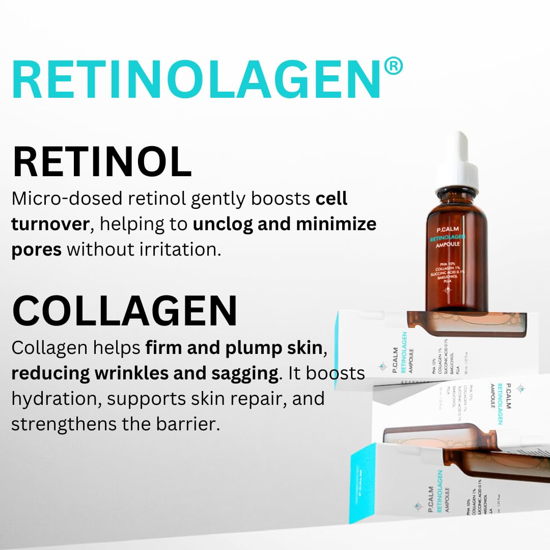 P.CALM RETINOLAGEN AMPOULE | Retinol + Collagen for Pore Tightening, Wrinkles & Fine Lines | Korean Glass Skin Serum (30ml / 1.01 fl. oz.)