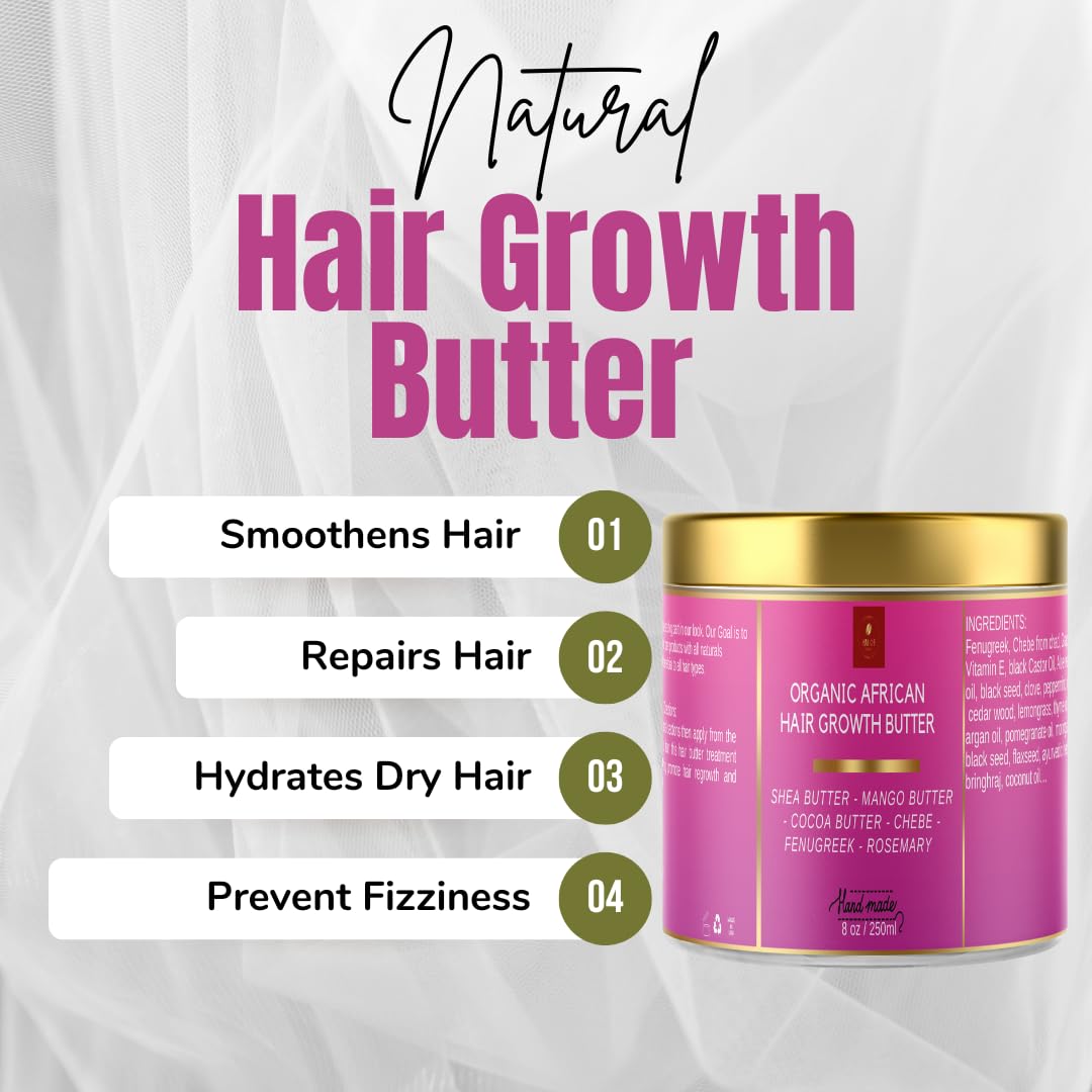 Chebe Hair Growth and Thickening Butter - Ayurvedic Deep Conditioner with Shea, Cocoa, Mango Butter, Fenugreek, and Rosemary for All Hair Types, 8 oz
