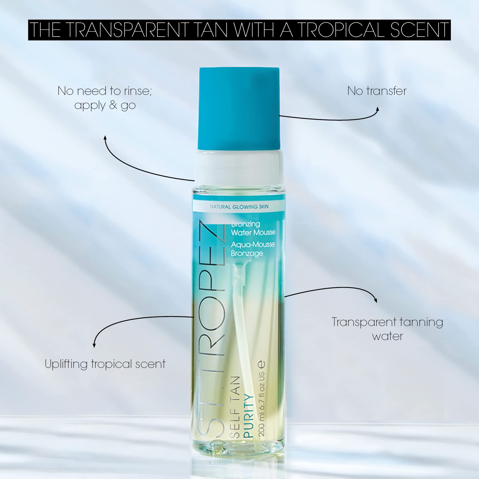 St Tropez Self Tan Purity Bronzing Water Mousse, 100% Clean, Vegan Friendly Self Tanner, Lightweight Tanning Mousse with Tropical Scent, 6.7 Fl Oz