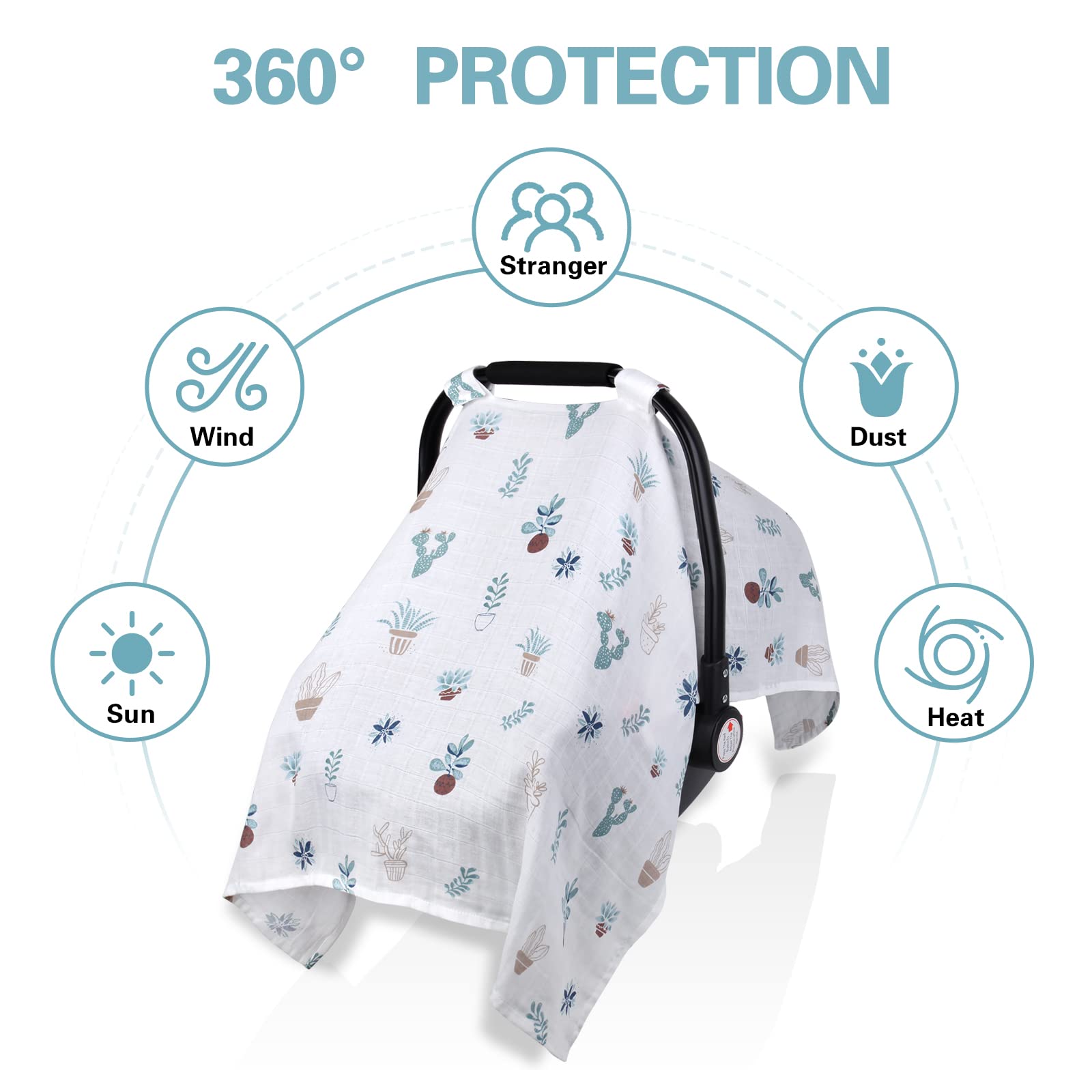 Muslin Carseat Cover for Boys Girls, Breathable Infant Car Seat Canopy, Lightweight Baby Carrier Cover, Newborn Shower Gift, Fit Spring Summer/Hot Days/Warm Weather, Cactus