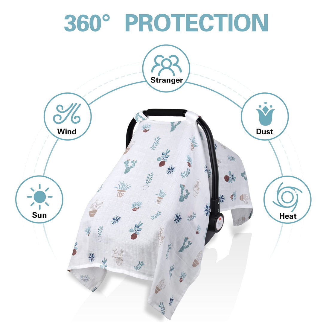 Muslin Carseat Cover for Boys Girls, Breathable Infant Car Seat Canopy, Lightweight Baby Carrier Cover, Newborn Shower Gift, Fit Spring Summer/Hot Days/Warm Weather, Cactus