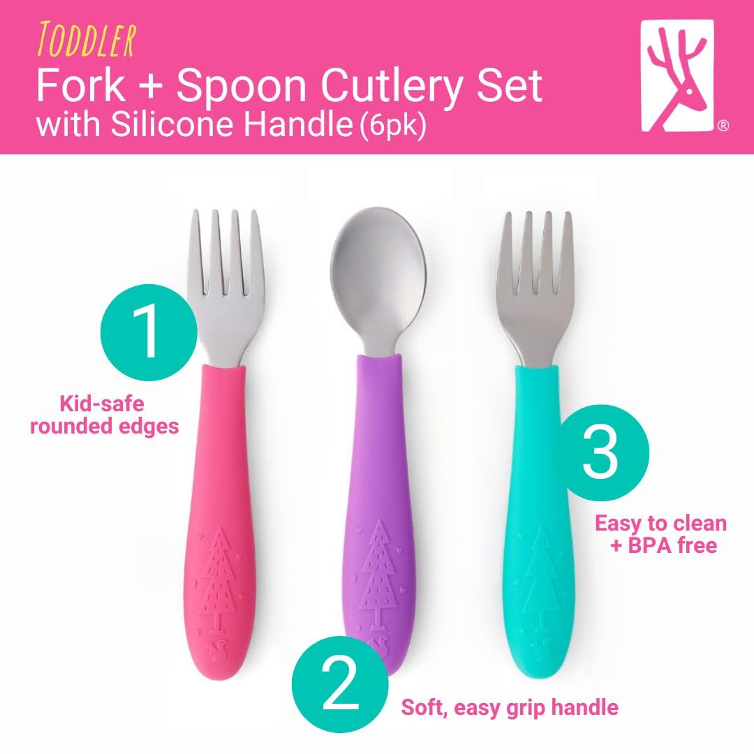 Elk and Friends Kids Silverware with Silicone Handle | Childrens Safe Flatware | Toddler Utensils | Baby Spoons + Forks | Stainless Steel Cutlery