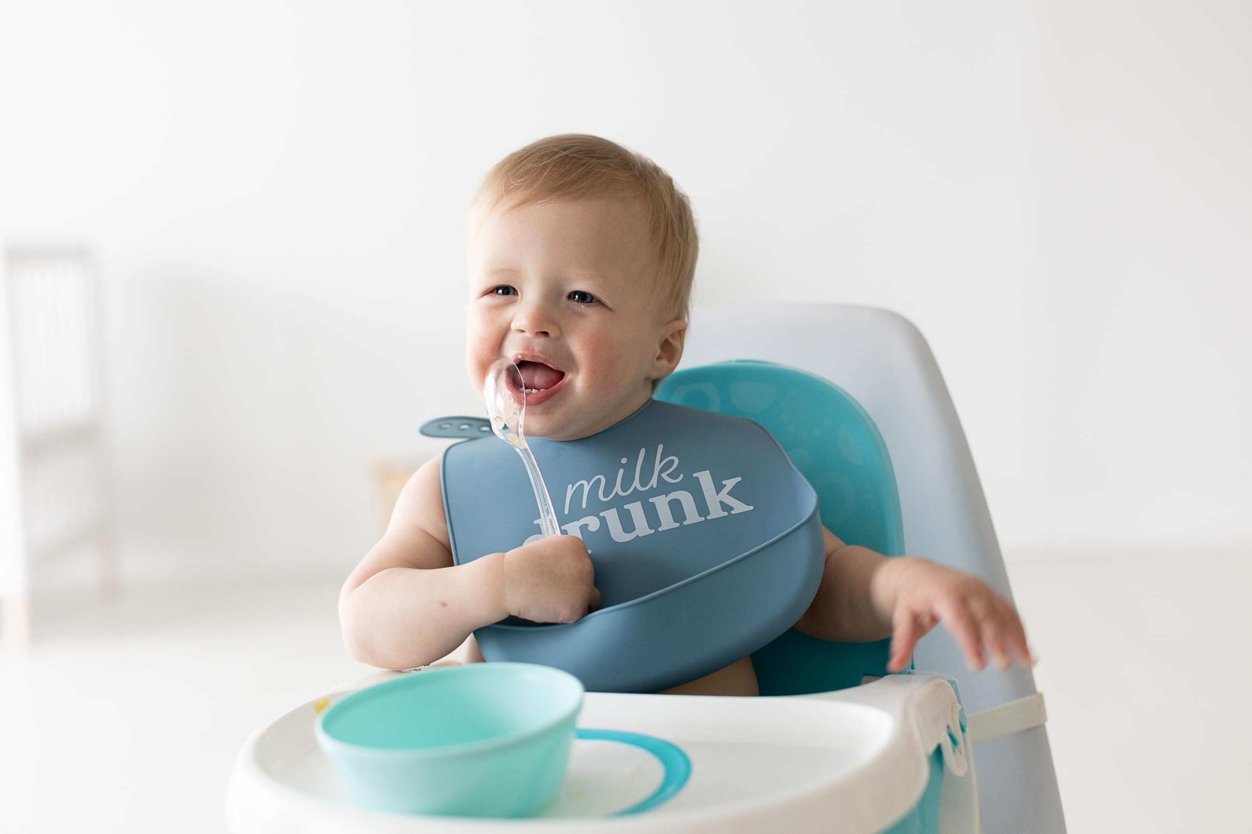 Pearhead Silicone Bibs Set of 2, One Milk Drunk Baby Bib, One Light Blue Milk and Cookies Bib, Gender-Neutral Baby Feeding Accessory for New Parents and Expecting Parents, 2 Bibs