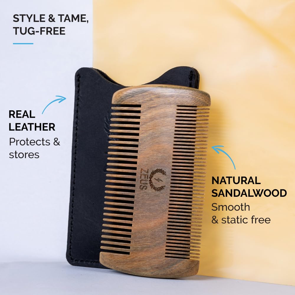 Zeus Organic Sandalwood Double-Sided Beard Comb with Leather Sheath!