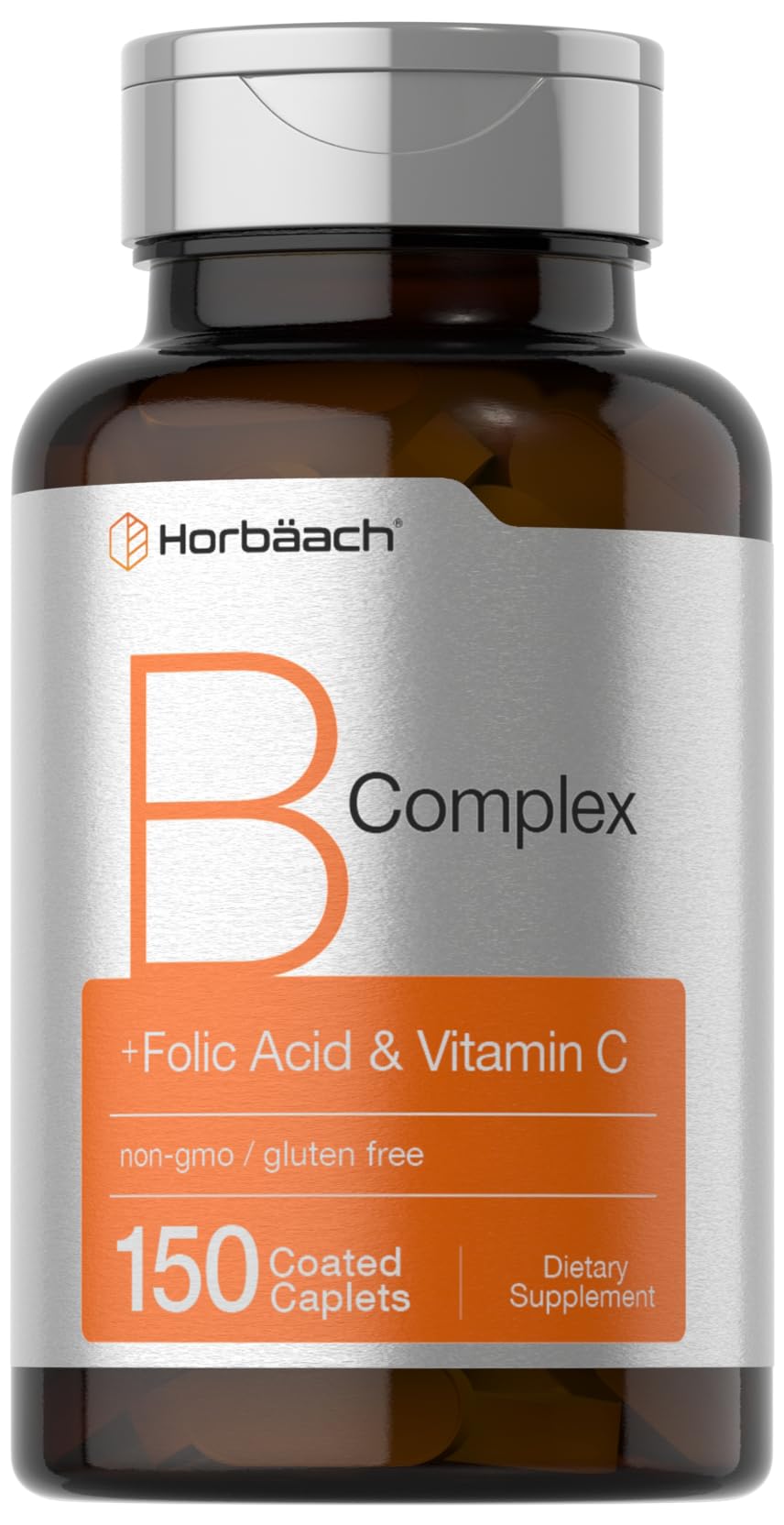 Horbäach B-Complex | 150 Caplets | Plus Folic Acid & Vitamin C | Non-GMO & Gluten Free Supplement for Men and Women