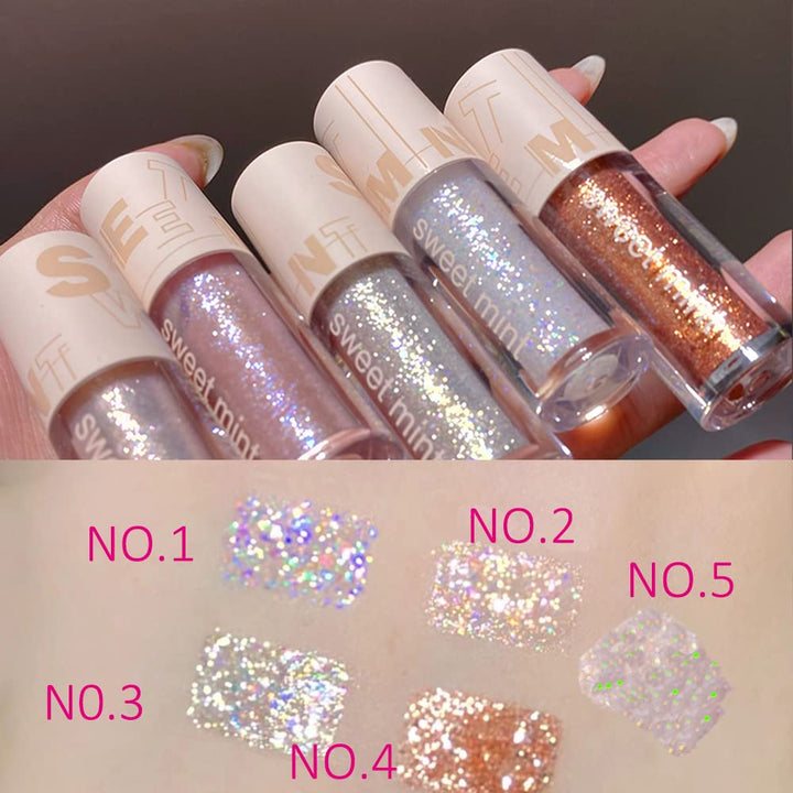 Aolailiya 5pcs Liquid Glitter Eyeshadow set- Sparkling Metallic High Pigmented Glitter Eye Shadow Korean Crystals Makeup, Quick Drying Long Lasting Creates High-Impact Multi Dimensional Eye Looks