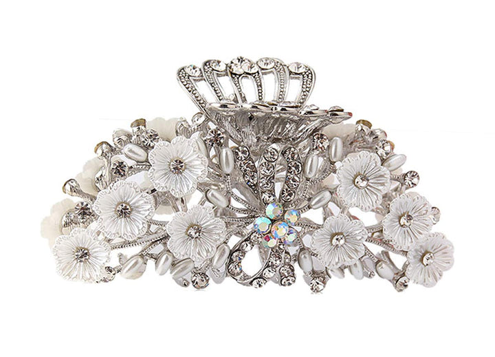 Vintage Metal Rhinestone Fancy Hair Claw Large Size Imitation Pearl Hair Jaw Clips Hair Clasps Accessories for Women Lady (Silver-C#)