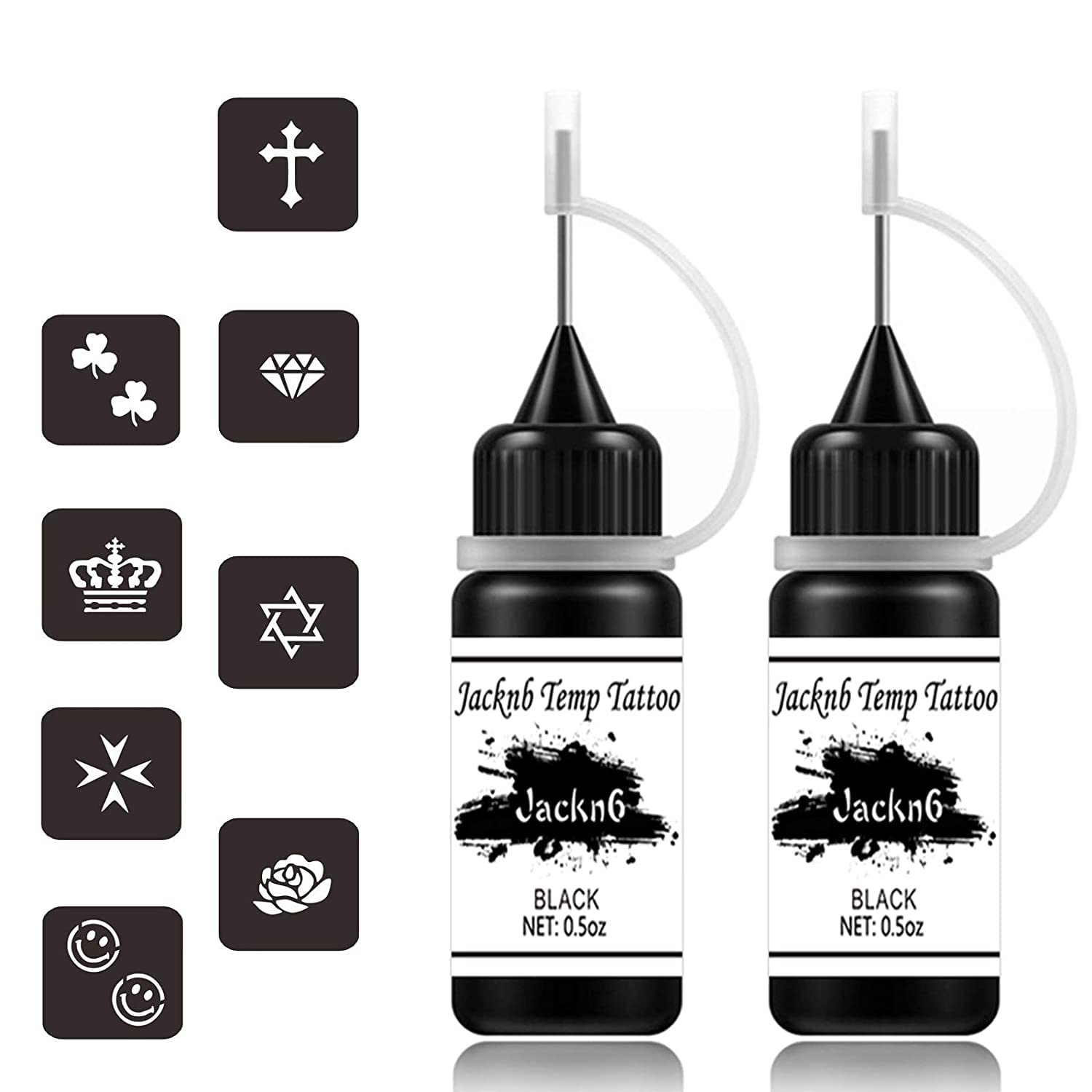 Jacknb Temporary Tattoo Kit, Semi Permanent Tattoo Jagua Gel Freehand Ink Temp Tattoos for Women Kids Men Body Art Painting DIY Fake Tattoos Freckles 40 Pcs Tattoo Stencils - 2 Bottles (1oz)