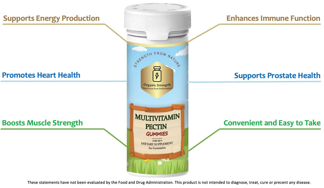 Organic Strength Men's Multivitamin Pectin Gummies: Empowering Your Health with 200% Biotin, Folate 100%, Vitamin A, B12, C, D, E, 100% Daily Intake (60 Count)