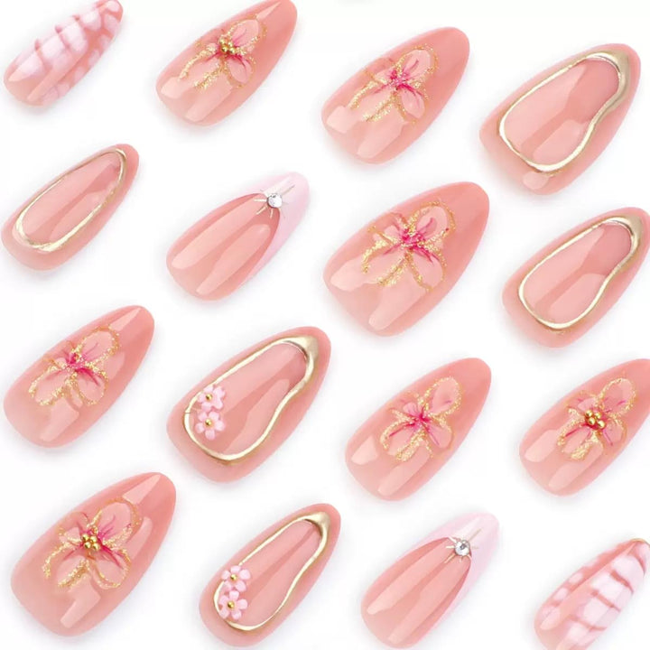 Press on Nails Medium Almond Fake Nails with 3D Flower Charms Design Pink False Nails Gold Line Acrylic Nails French Tip Glue on Nails Full Cover Stick on Nails for Women Manicure 24Pcs