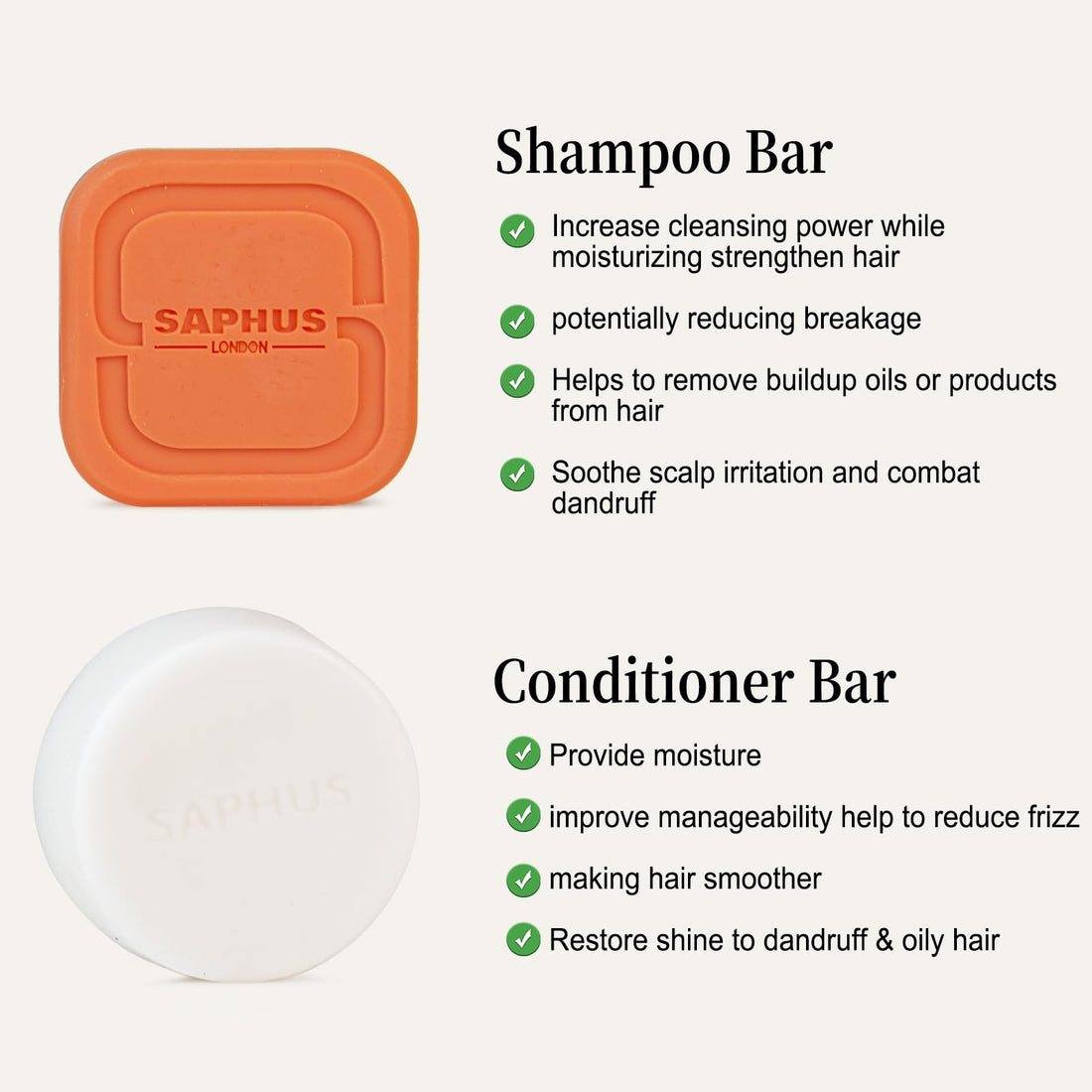 SAPHUS Shampoo Bars and Conditioner Set, Promote Hair Growth, Strengthen & Volumize All Hair Types, Paraben & Sulfate Free, 2pcs (3.2oz +2.5oz)