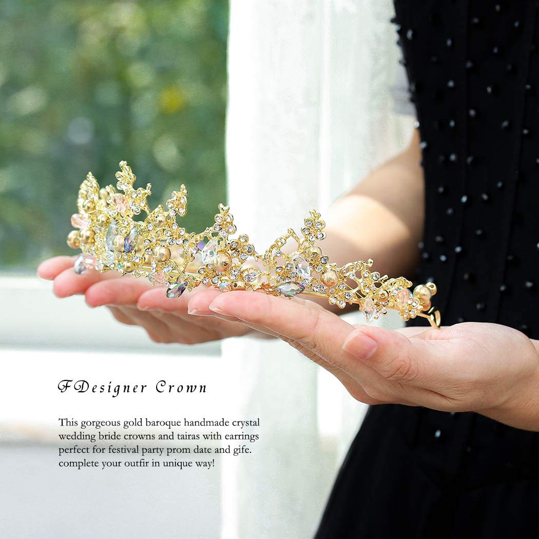 Leiothrix Bride Wedding Queen Flower Crowns and Tiaras with Earrings Baroque Bridal Hair Accessories for Women