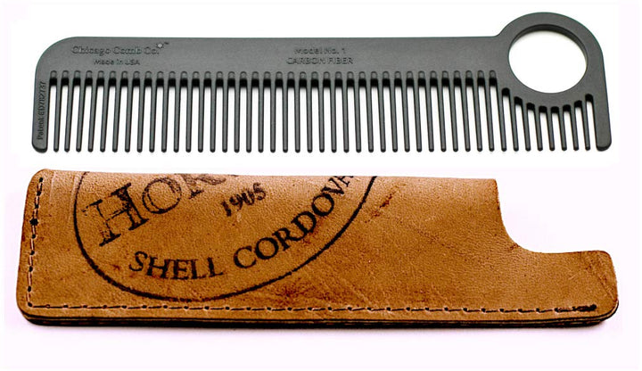Chicago Comb Model 1 Carbon Fiber Comb + Horween Shell Cordovan Color No. 8 sheath, Made in USA, ultimate pocket & travel comb, ultra smooth strong & light, anti-static, premium American leather