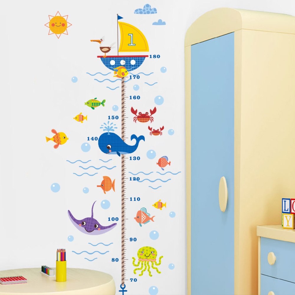 Wland 22 inches x 67 inches Undersea Fish Whale Octopus Crab Growth Chart Removable Vinyl Wall Decals Stickers for Children Room Nursery