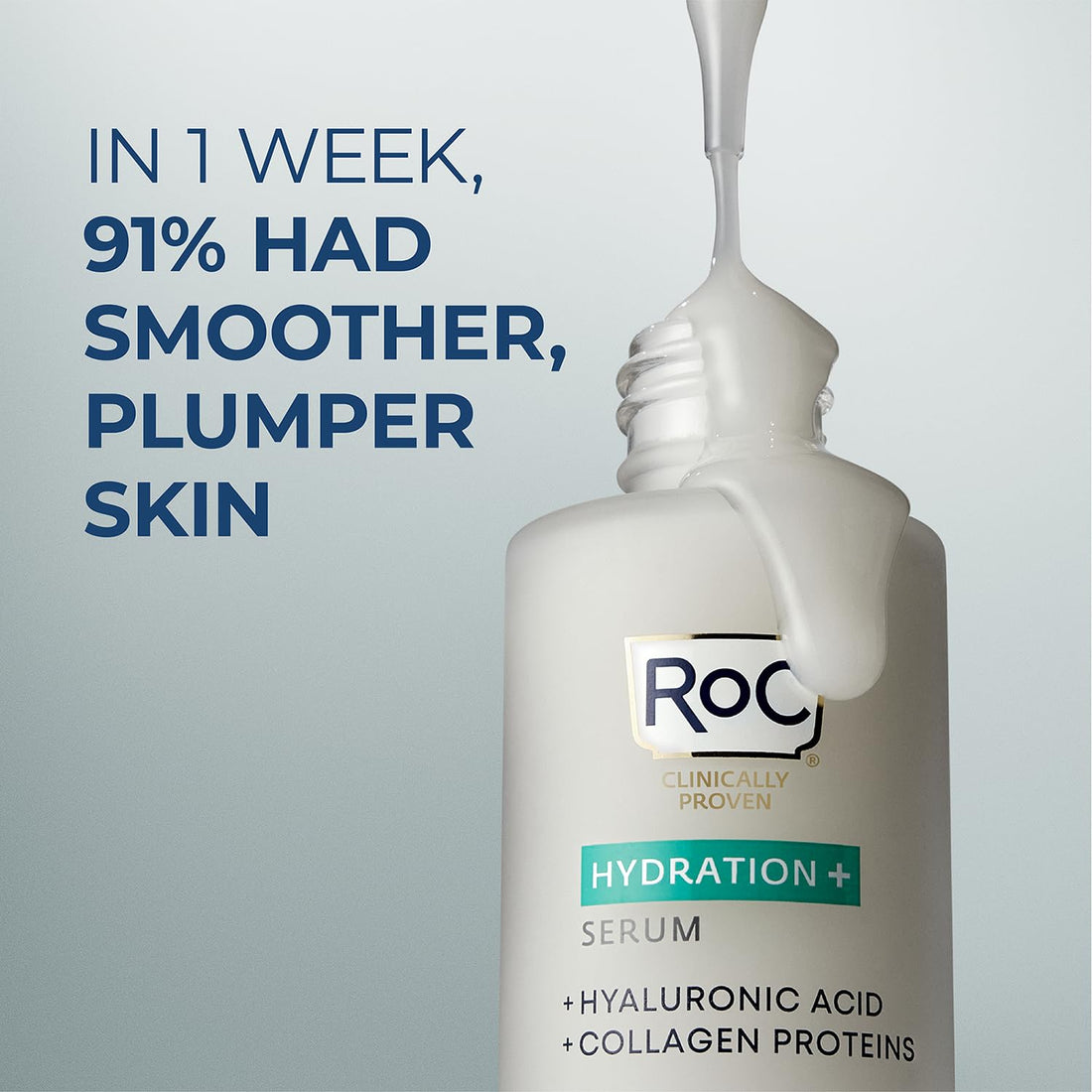 RoC Hydration+ Hyaluronic Acid Serum for Face, Hydrating, Plumping, Fragrance Free, Lightweight Formula with Collagen Proteins (1 Ounce) with Retinol Eye Cream Packette
