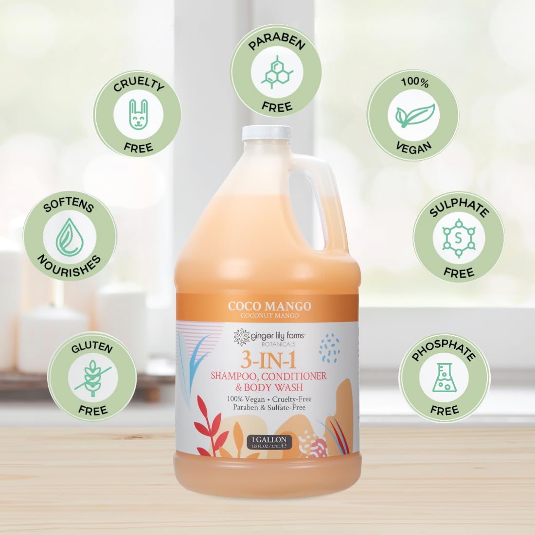 Ginger Lily Farms Botanicals 3-in-1 Shampoo, Conditioner & Body Wash, Coco Mango, 100% Vegan & Cruelty-Free, Coconut Mango Scent, 1 Gallon (128 fl oz) Refill