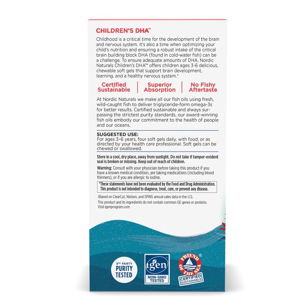 Nordic Naturals Children’s DHA, Strawberry - 120 Mini Chewable Soft Gels for Kids - 250 mg Omega-3 with EPA & DHA - Brain Development & Function - Non-GMO - 30 Servings