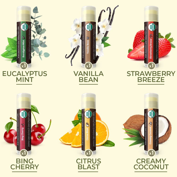 Earth27s Daughter Usda Organic Lip Balm 6-Pack By Earth'S Daughter - Fruit Flavors, Beeswax, Coconut Oil, Vitamin E - Best Lip Repair Chap Stick For Dry Cracked Lips