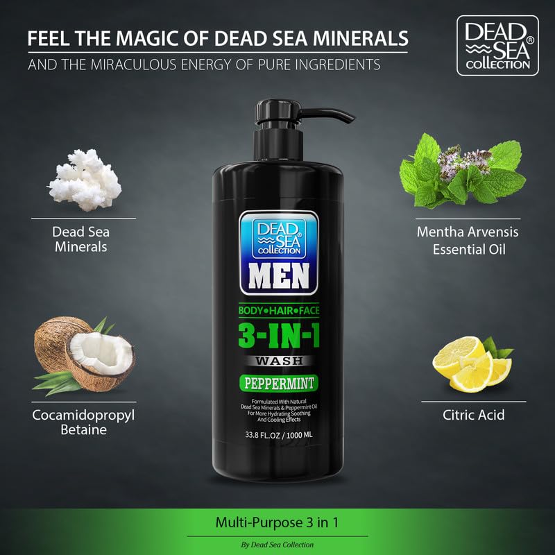 Dead Sea Collection Mens Body Wash 3 in 1 – Peppermint Body Wash for Men – Shower Gel – Shampoo – Shower Soap for Face and Hair – Pack of 2 Bottles (33.8 Fl. Oz. Each)