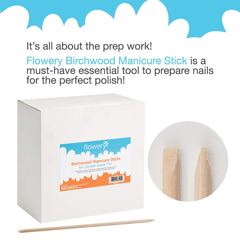 Flowery Birchwood Manicure Sticks, Double Spade Thin, Disposable Cuticle Pusher, 6 Inches, 1000 Count