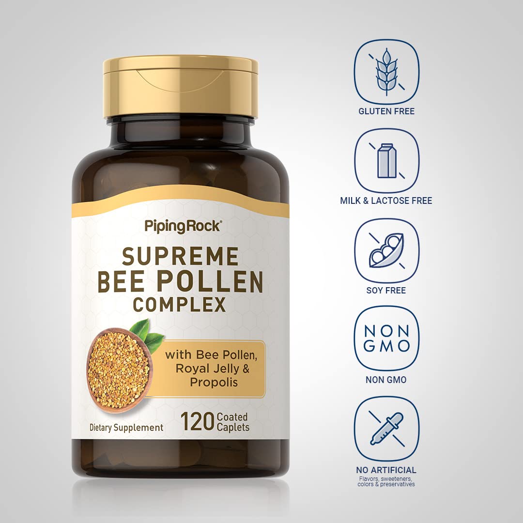 Piping Rock Bee Pollen Complex Capsules | 120 Caplets | Pills with Bee Propolis Plus Royal Jelly | Supplement for Men & Women | Non-GMO, Gluten Free