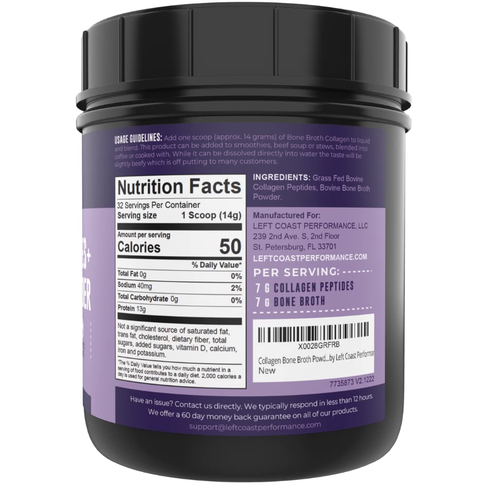 16oz Bone Broth Powder with Grass Fed Collagen Peptides - Unflavoured, Zero Carb, Dairy Free, No Additives, No Fillers - Natural Source Type I and III - Grass Fed Bone Broth Collagen Powder