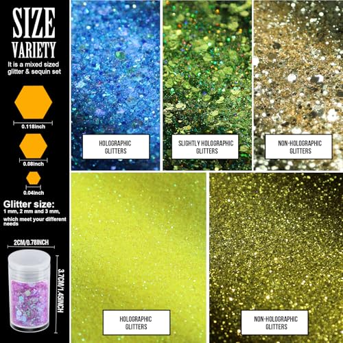 Teenitor Glitter, Holographic Chunky Glitters and Fine Glitters, Body Glitter for Nails, Face Glitter Assorted Glitter, Festival Glitter for Nail Face Hair Body, Glitter for Resin Tumblers, 16+16pcs