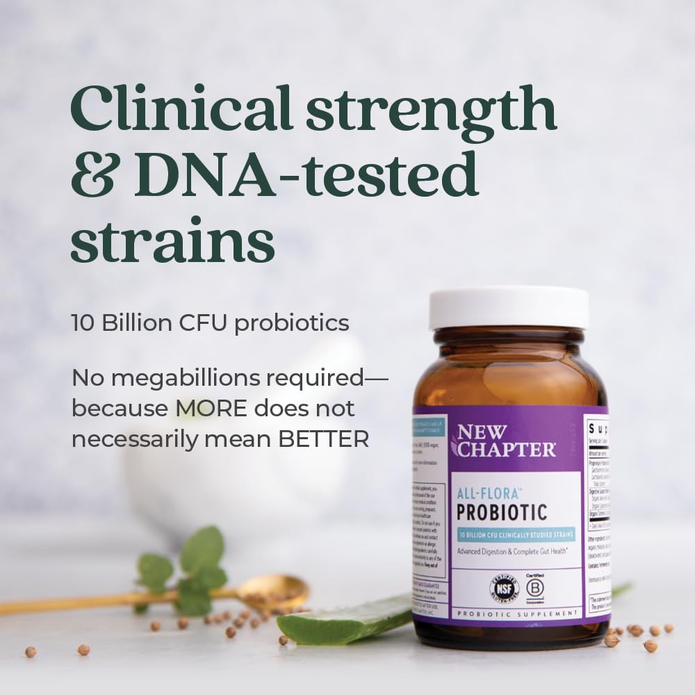New Chapter Probiotic All-Flora - 60 ct (2 Month Supply) for Advanced Digestion & Complete Gut Health with Prebiotics + Postbiotics, Clinically Studied Strains, 100% Vegan, Non-GMO, Shelf Stable