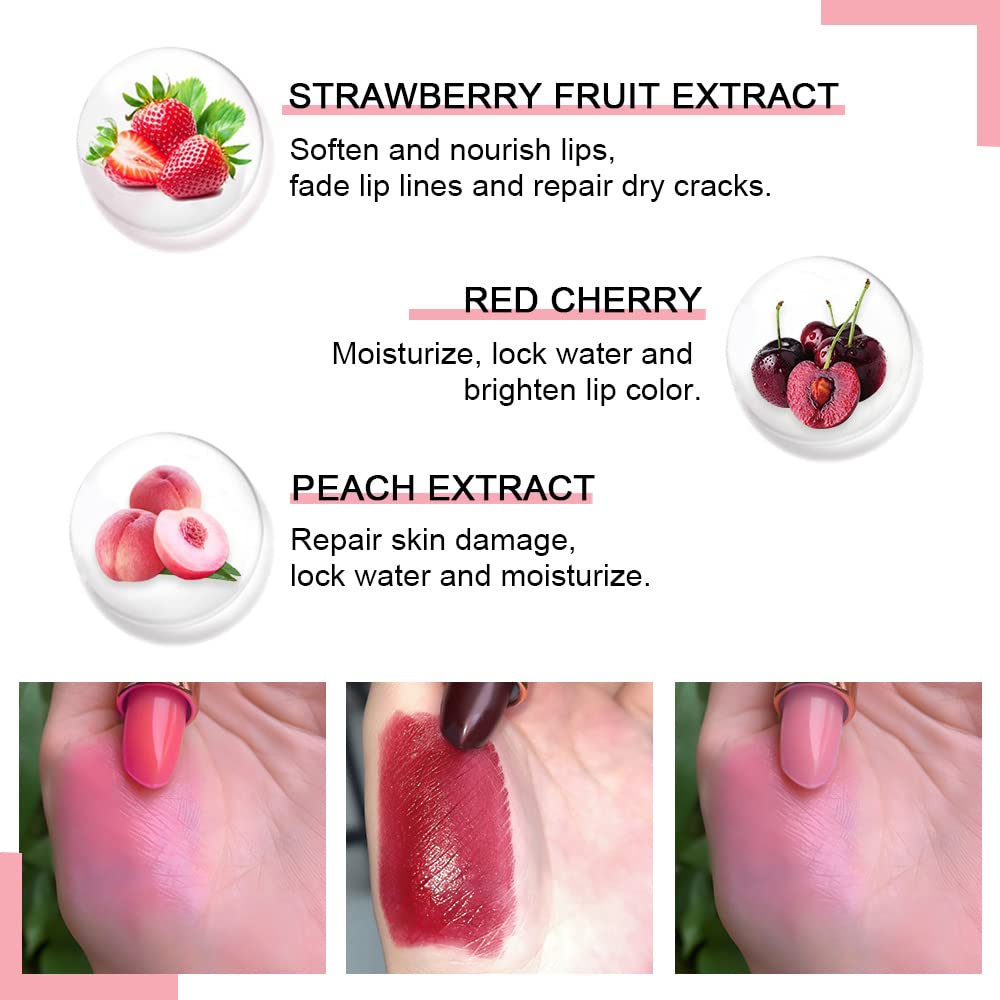 evpct 3Pcs Peach Strawberry Black Red Cherry Tinted Lip Balms PH Lip Color Changing Lipstick Stain Set Queen for Women Girls Korean Mood Long Lasting Color Change Light Pink Lipstick Lip Tint Gloss