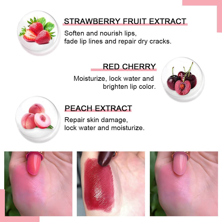 evpct 3Pcs Peach Strawberry Black Red Cherry Tinted Lip Balms PH Lip Color Changing Lipstick Stain Set Queen for Women Girls Korean Mood Long Lasting Color Change Light Pink Lipstick Lip Tint Gloss