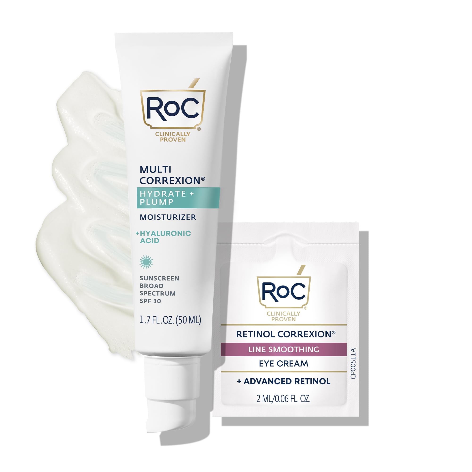RoC Multi Correxion 1.5% Pure Hyaluronic Acid Anti Aging Daily Face Moisturizer with Broad Spectrum Sunscreen SPF 30 (1.7 oz) with Retinol Eye Cream Packette (Packaging May Vary)