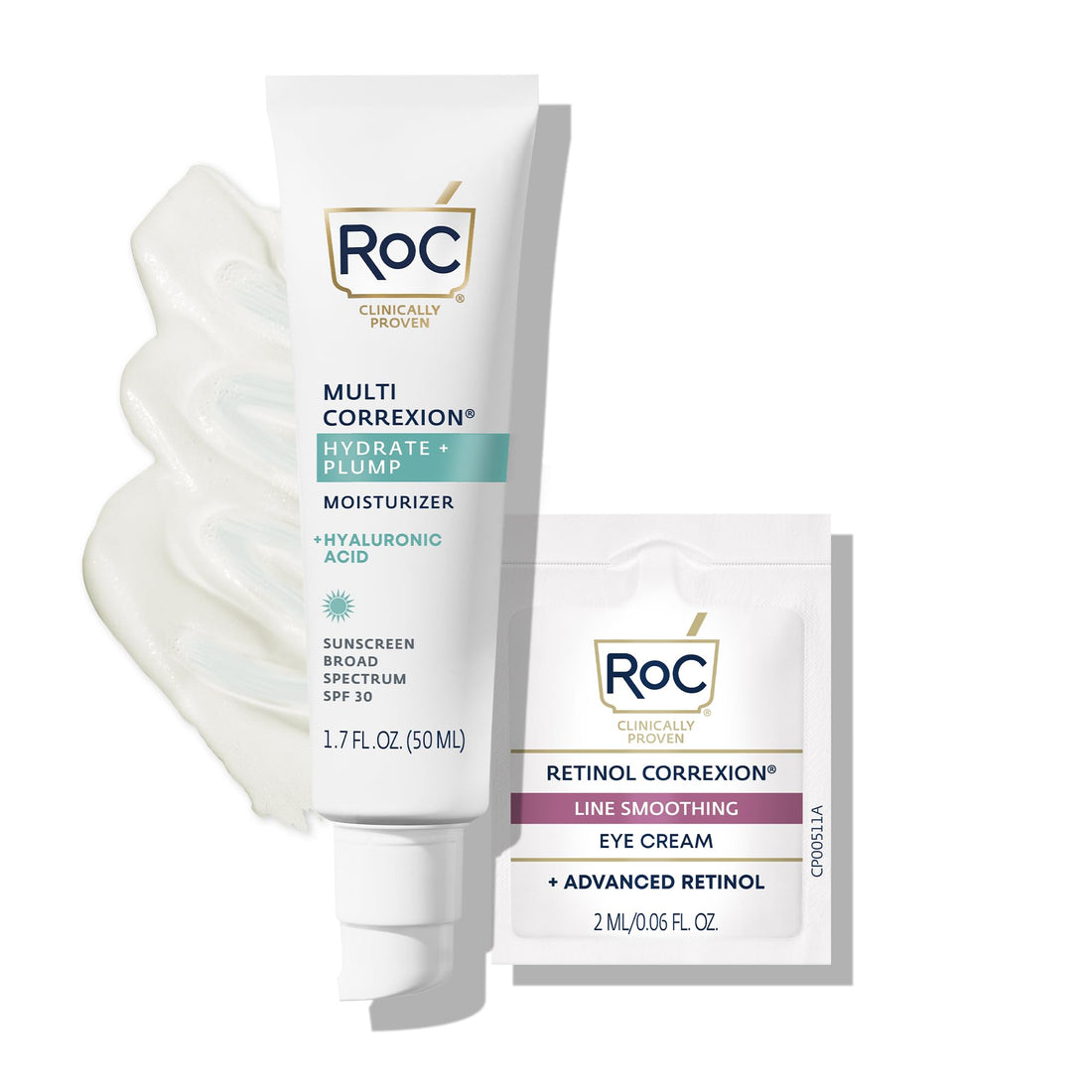 RoC Multi Correxion 1.5% Pure Hyaluronic Acid Anti Aging Daily Face Moisturizer with Broad Spectrum Sunscreen SPF 30 (1.7 oz) with Retinol Eye Cream Packette (Packaging May Vary)