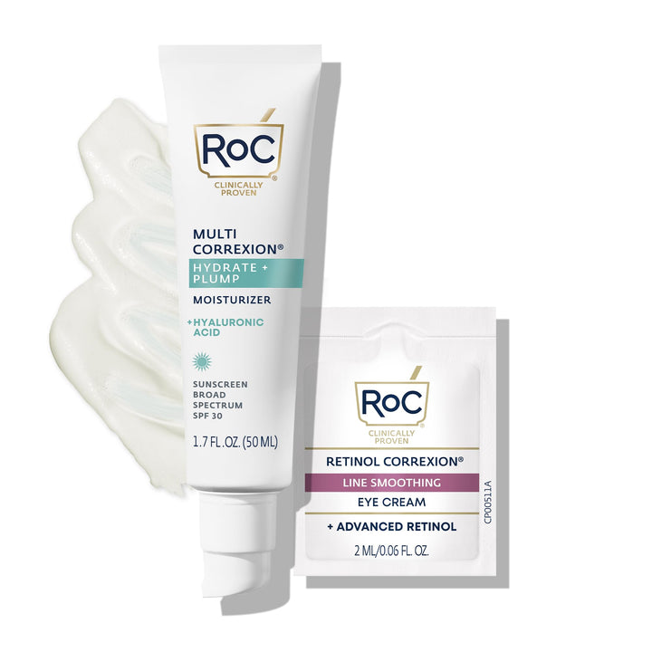 RoC Multi Correxion 1.5% Pure Hyaluronic Acid Anti Aging Daily Face Moisturizer with Broad Spectrum Sunscreen SPF 30 (1.7 oz) with Retinol Eye Cream Packette (Packaging May Vary)