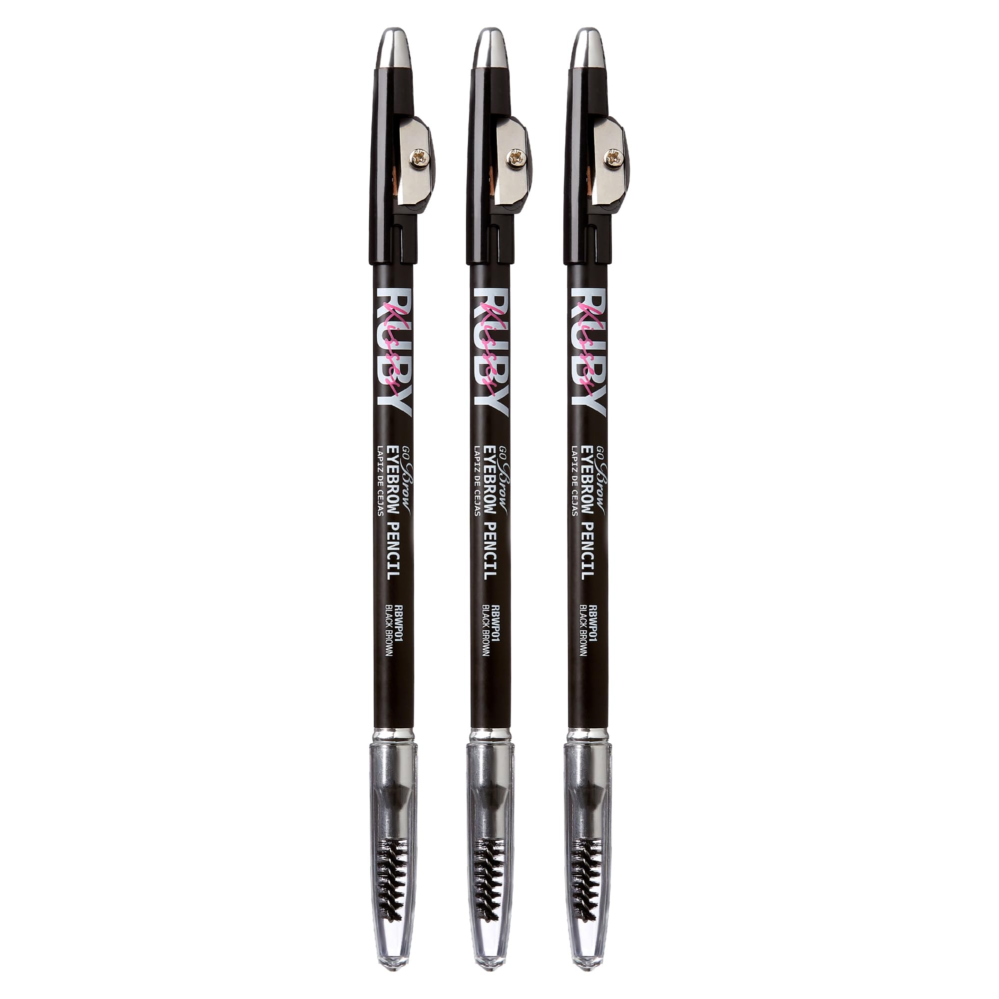 Ruby Kisses GoBrow Eyebrow Pencil, Sharpenable, Longwear, Long Lasting Eyebrow Wooden Pencil for Natural-Looking Brows 3 PACK (Black Brown)