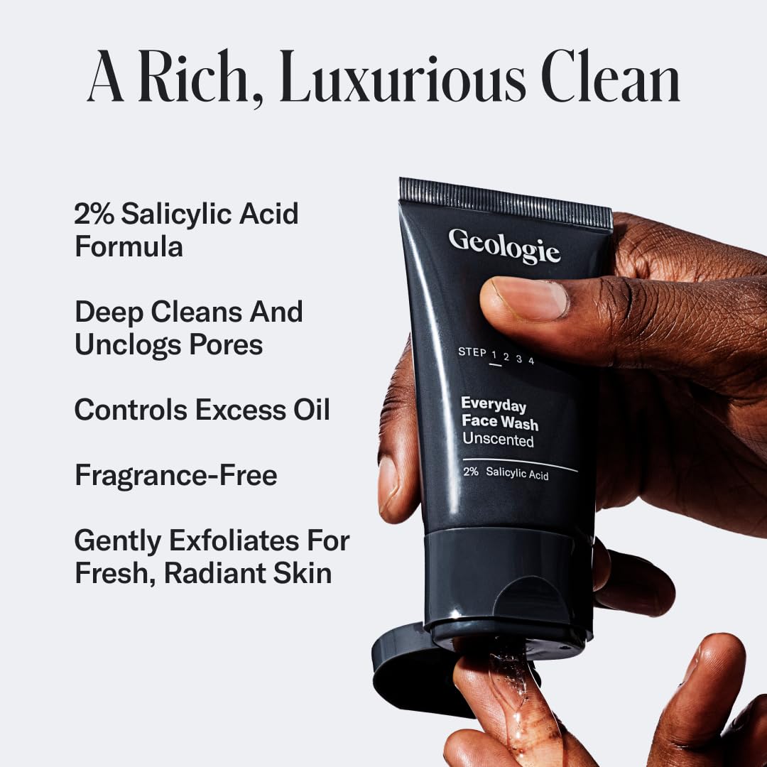 Geologie 2% Salicylic Acid Unscented Face Wash | Fragrance-Free Facial Cleanser for Men & Women | Acne & Oil Control | Non-irritating, Deep Cleansing & BHA Exfoliating Face Wash | 2-Pack