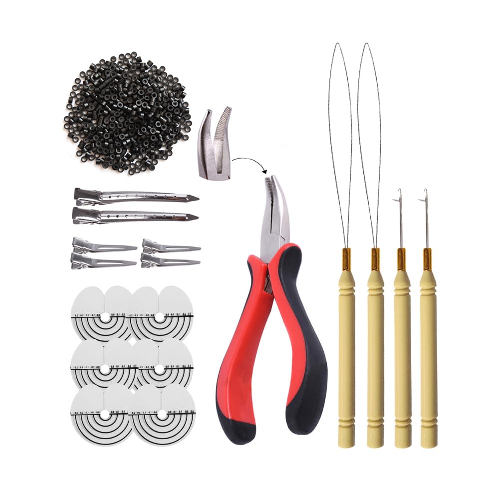 500pcs Micro Silicone Rings Hair Extensions Kit: I-tip Hair Pliers, Micro Pulling Needle, Loop Threader and Micro Silicone Linksï¼Ë†Black)