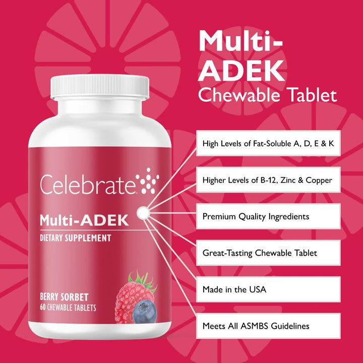 Celebrate Vitamins Multi ADEK Chewables, Iron Free - Daily Bariatric Multivitamin, High Level of Vitamins A, D, E, K & B12 for Duodenal Switch Surgery Patients - Berry Sorbert (60 Tablets)