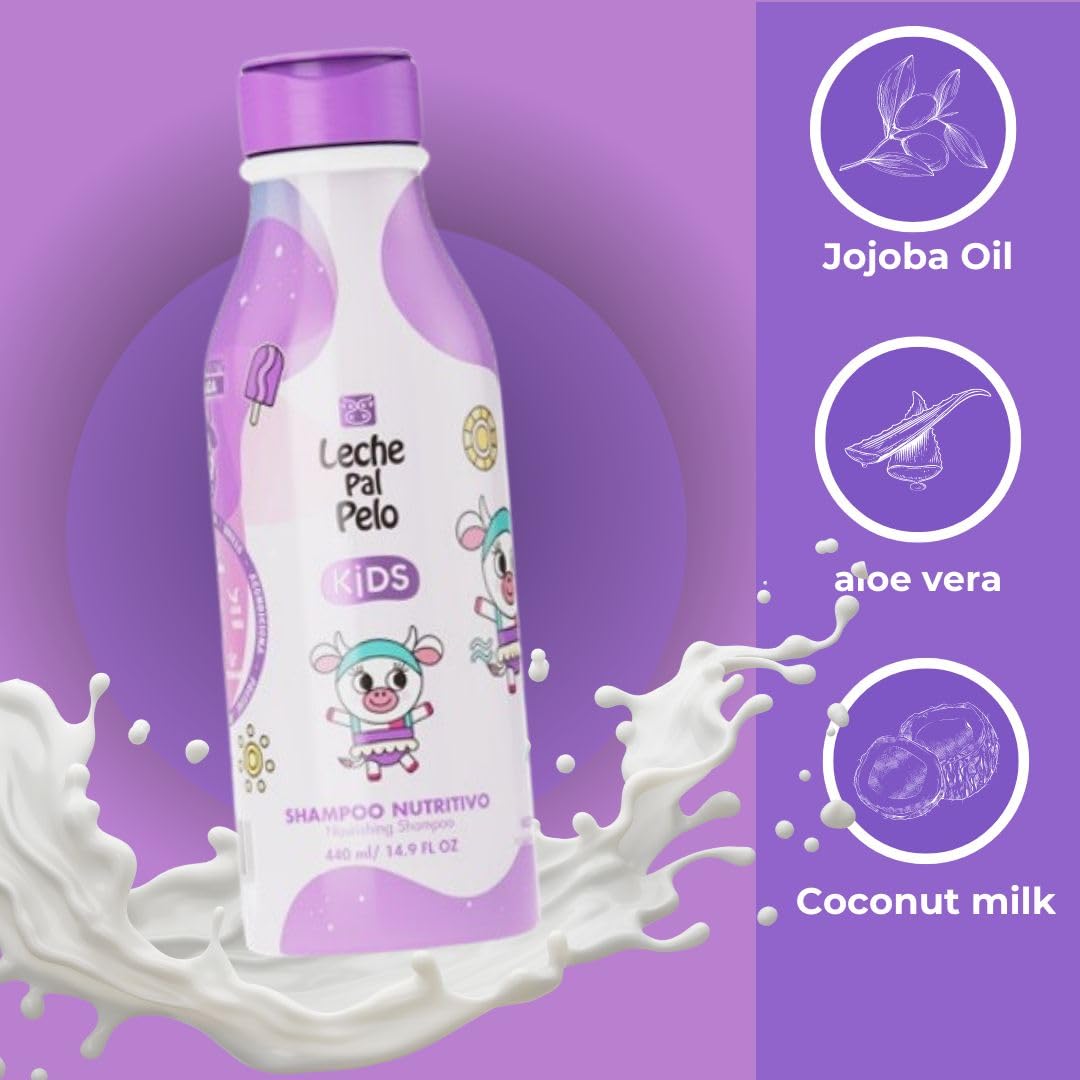 Leche Pal Pelo Kids Nourishing Shampoo - Gentle Daily Cleansing, Sulfate & Paraben-Free Formula with Jojoba, Coconut Milk, Aloe Vera - Hydrates, Defines, 14.9 fl.oz