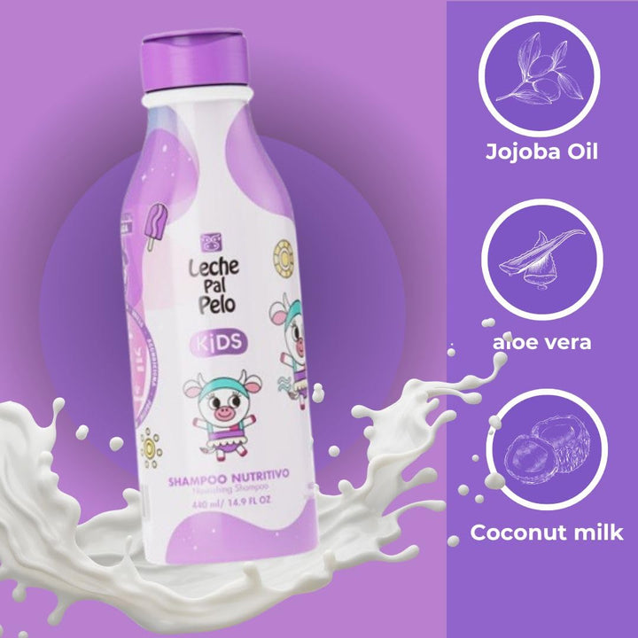 Leche Pal Pelo Kids Nourishing Shampoo - Gentle Daily Cleansing, Sulfate & Paraben-Free Formula with Jojoba, Coconut Milk, Aloe Vera - Hydrates, Defines, 14.9 fl.oz