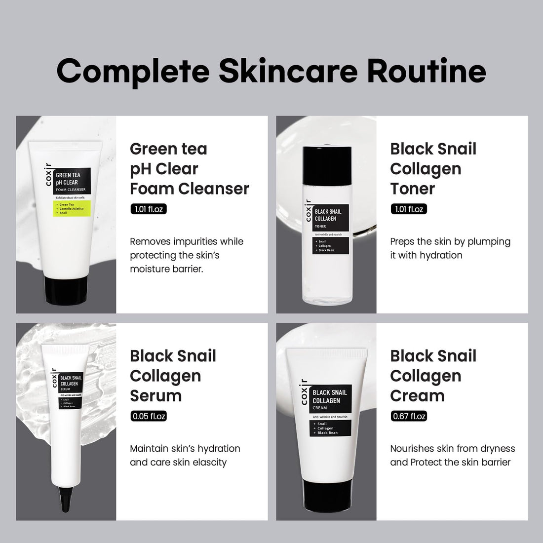 coxir BLACK SNAIL COLLAGEN STARTER KIT l Repairing&Firming | Black-3-Complex: Black Rice, Bean, Sesame, Snail Mucin, Collagen FOAM CLEANSER+TONER+SERUM+CREAM [3.19 fl.oz (Pack of 1)]