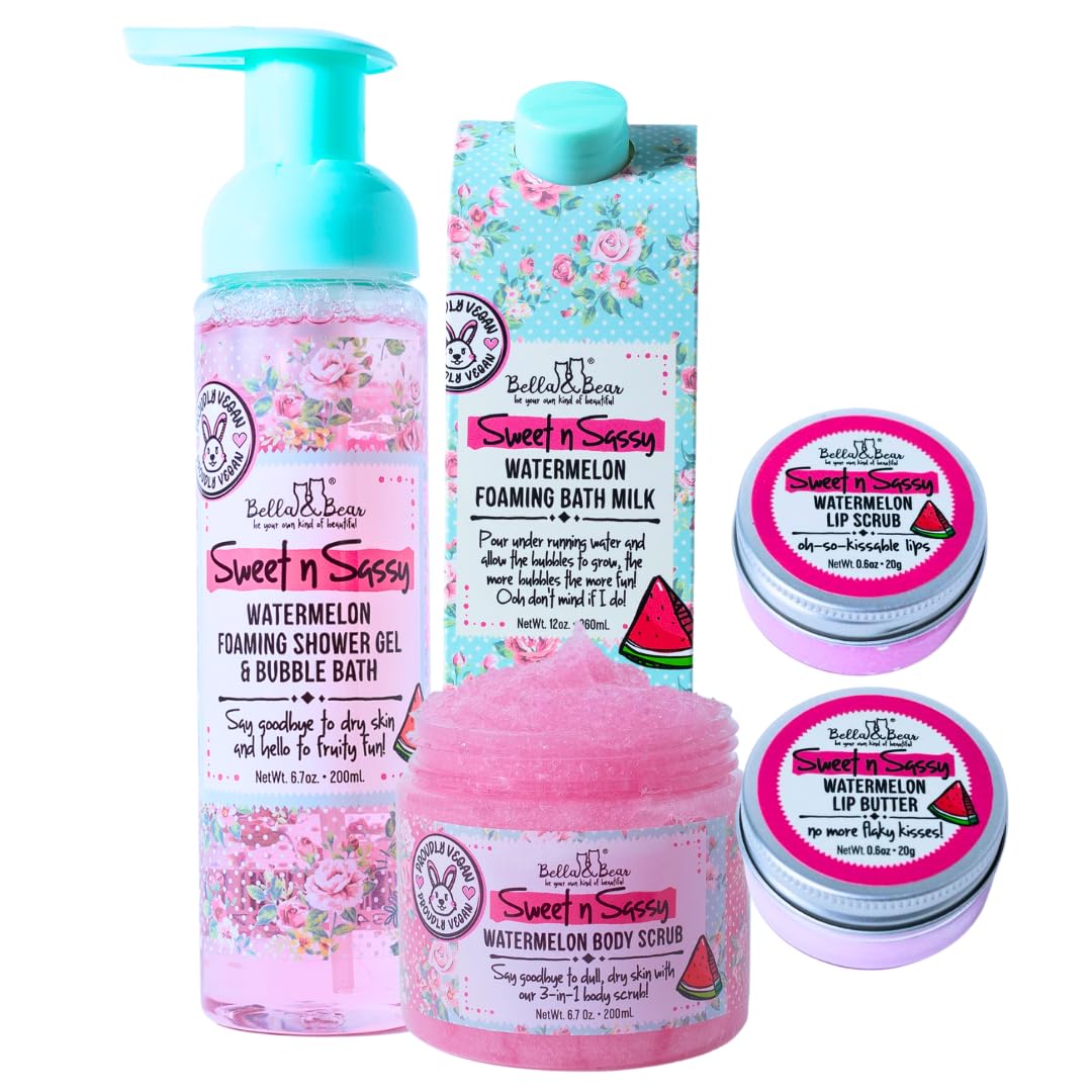 Bella & Bear Sweet 'n' Sassy Watermelon Mega Bath & Body Gift Set with Foaming Shower Gel & Bubble Bath, Bath Milk, Body Scrub & Lip Scrub and Lip Butter