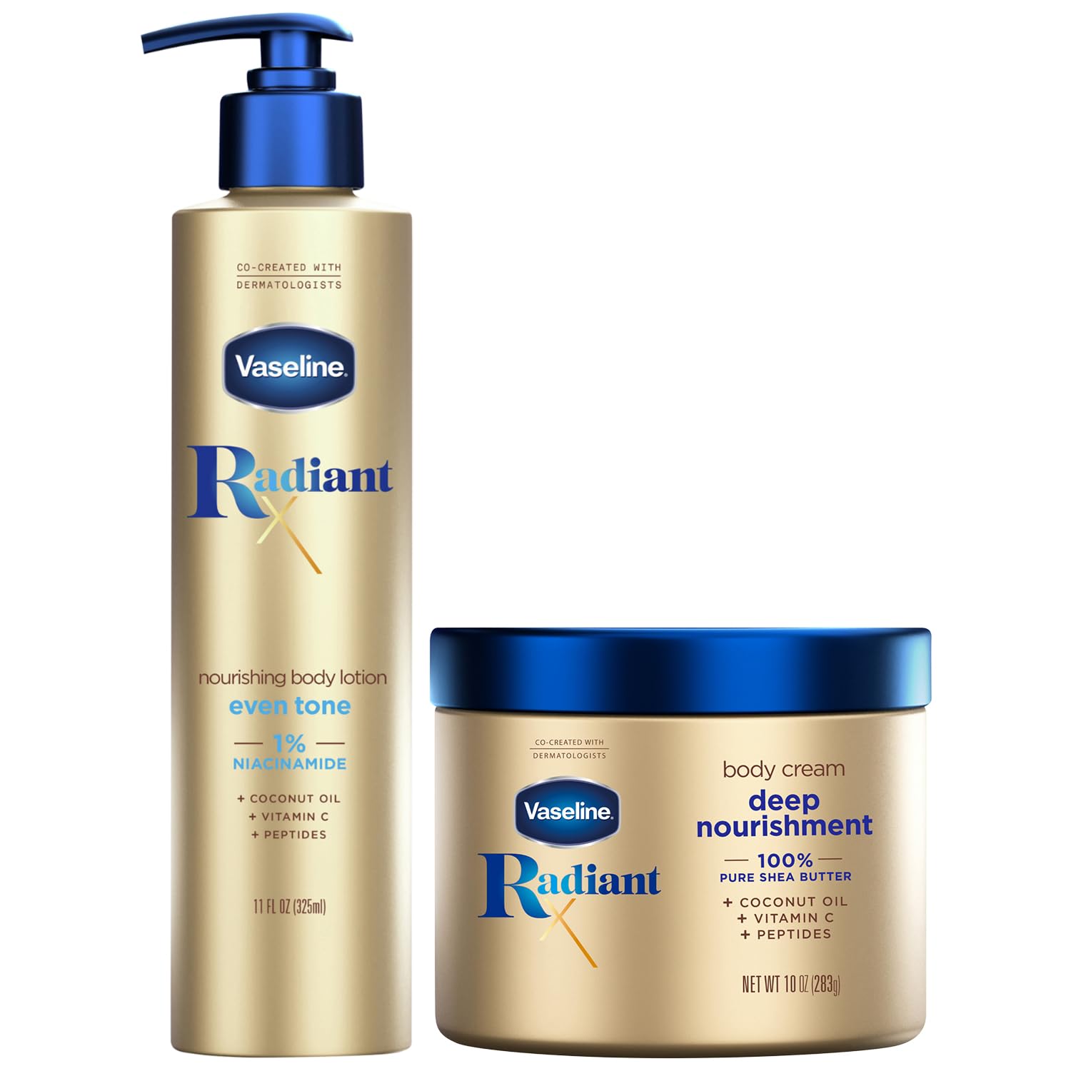 Vaseline Radiant X Skin Care Set –Even Tone Nourishing Body Lotion with 1% Niacinamide + Deep Nourishment Body Cream with Shea Butter & Vitamin C (2 Piece Set)