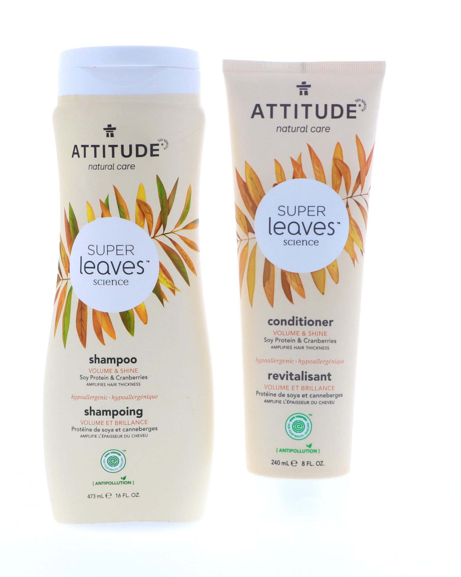 ATTITUDE Super Leaves Volume and Shine Shampoo and Conditioner- Soy Protein and Cranberries Bundle With Vitamin B5, Watercress, Indian Cress, and Raspberry, 16 fl. oz. and 8 oz.
