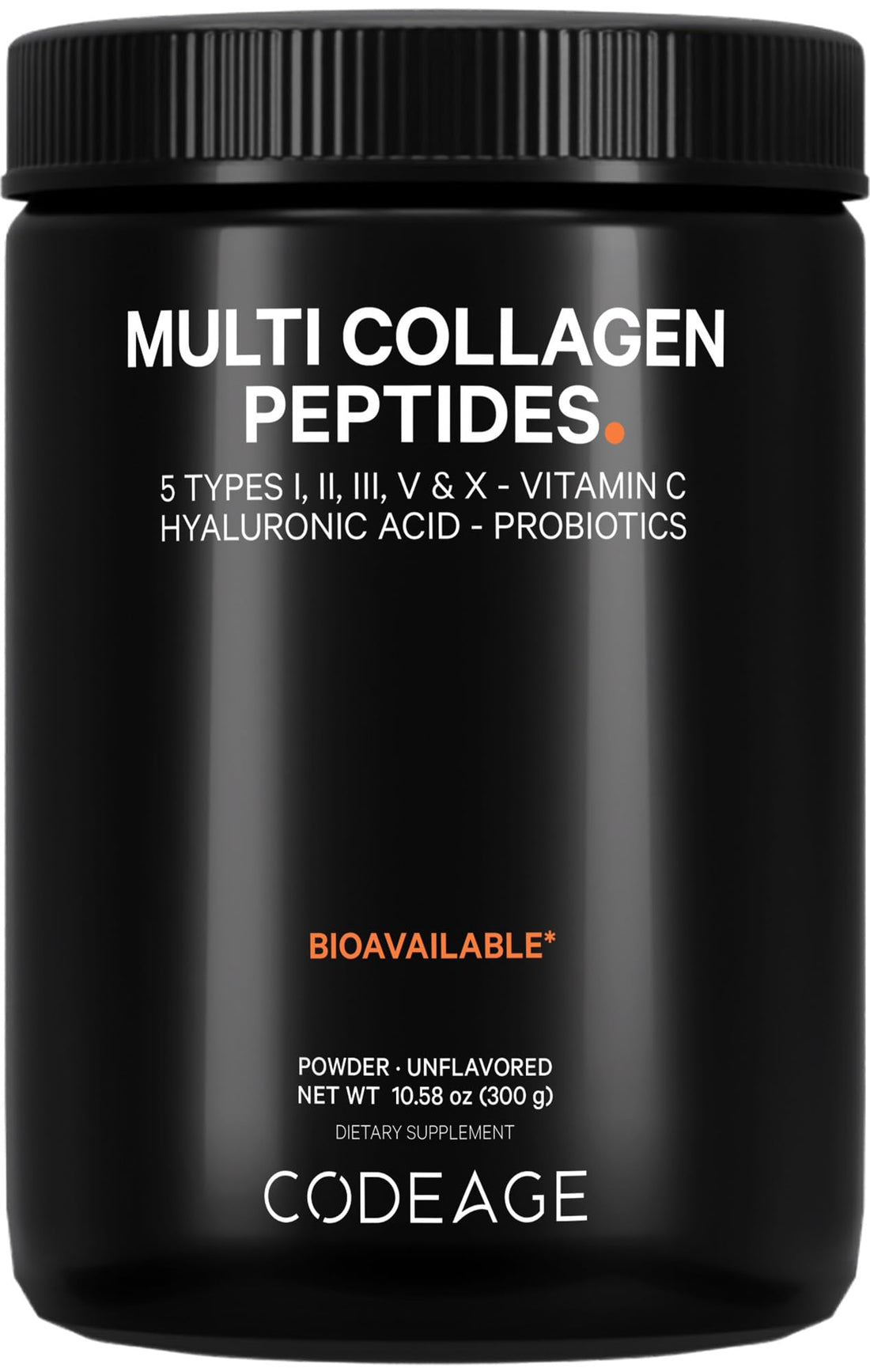 Codeage Multi Collagen Peptides Powder + Probiotics Black Edition, Vitamin C, Hyaluronic Acid Powder Supplement, Grass-Fed, Hydrolyzed, Zero Carbs, Type I, II, III, V & X, Unflavored, 10.58oz