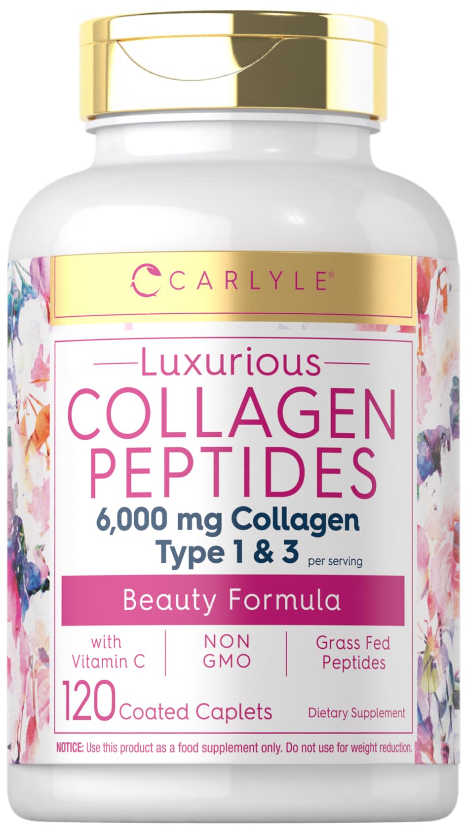 Carlyle Collagen with Vitamin C | 6000mg | 120 Caplets | Multi Collagen Peptide Pills | Type 1 and 3 | Non-GMO, Gluten Free, Grass Fed