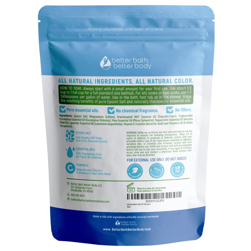 Athlete Bath Salt 2 Pounds (32 Ounces) - Epsom Salt Bath Soak With Pine & Eucalyptus Essential Oil Plus Vitamin C - All Natural No Perfumes No Dyes - Post Workout Soak For Tired Sore Muscles